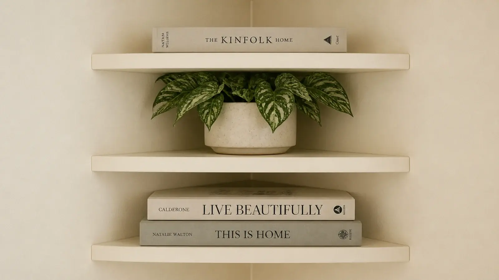 corner shelves spaced too tightly with books lying flat instead of upright