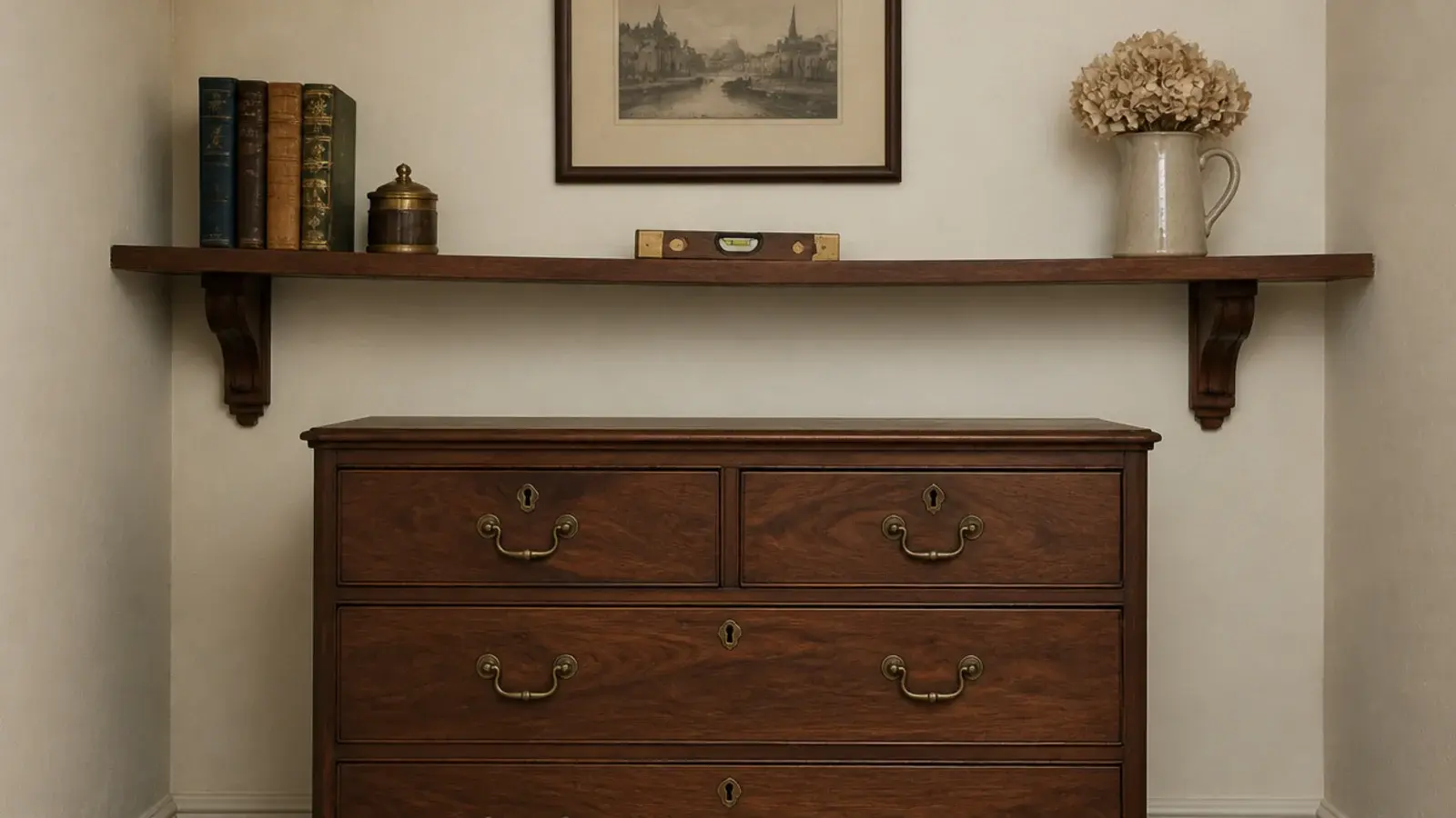 corner shelf sitting visibly out of line with a nearby chest of drawers