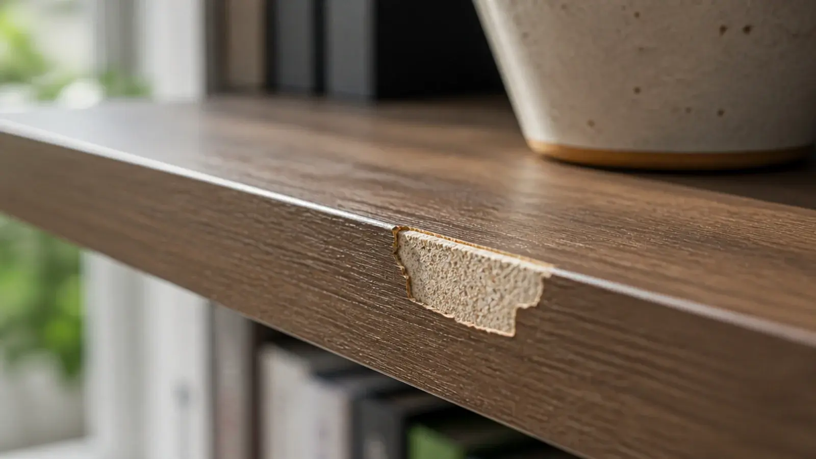 chipped veneer edge on a cheap corner shelf showing particle board beneath
