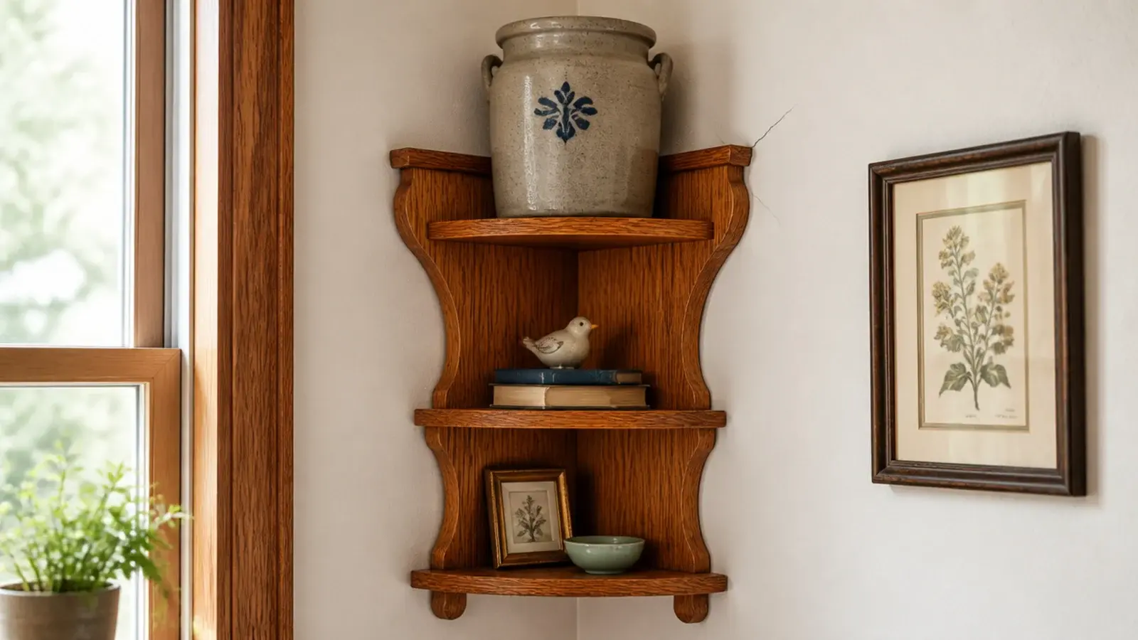 heavy stoneware crock sitting on the highest tier of a corner shelf