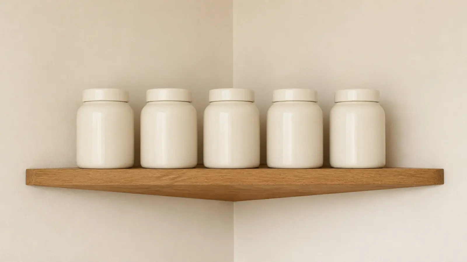 row of same height jars lined up flatly across a wooden corner shelf