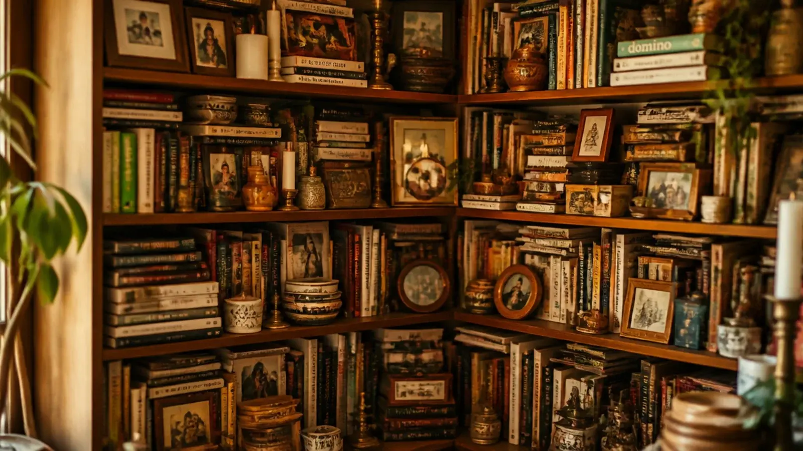 overfilled corner shelves crammed with books frames and small objects