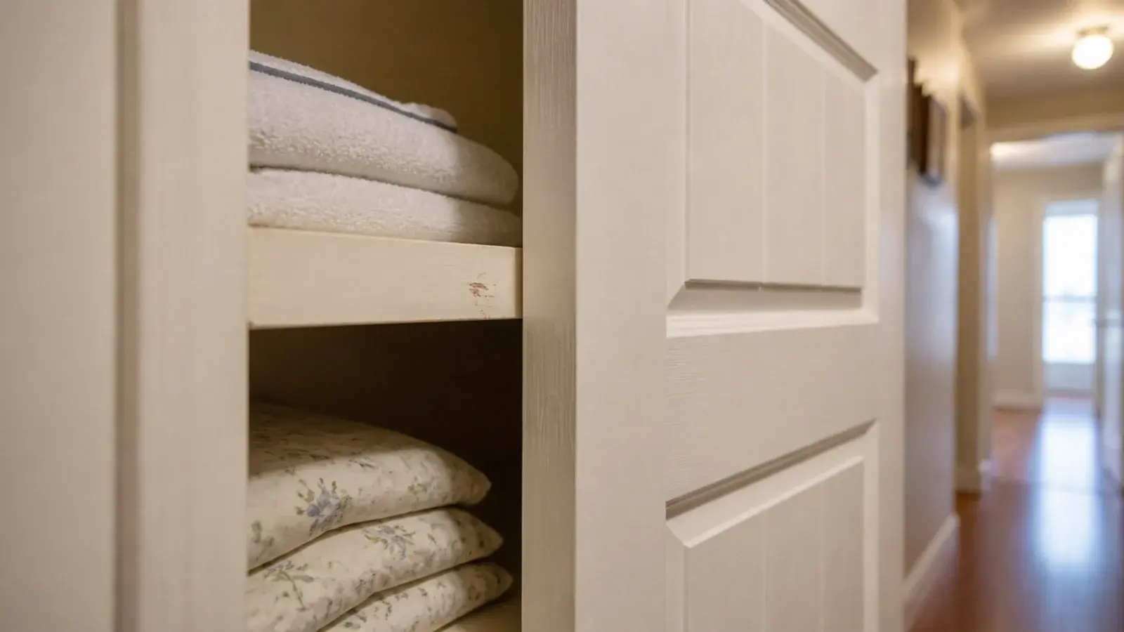 open door pressing against the front edge of a behind-door corner shelf