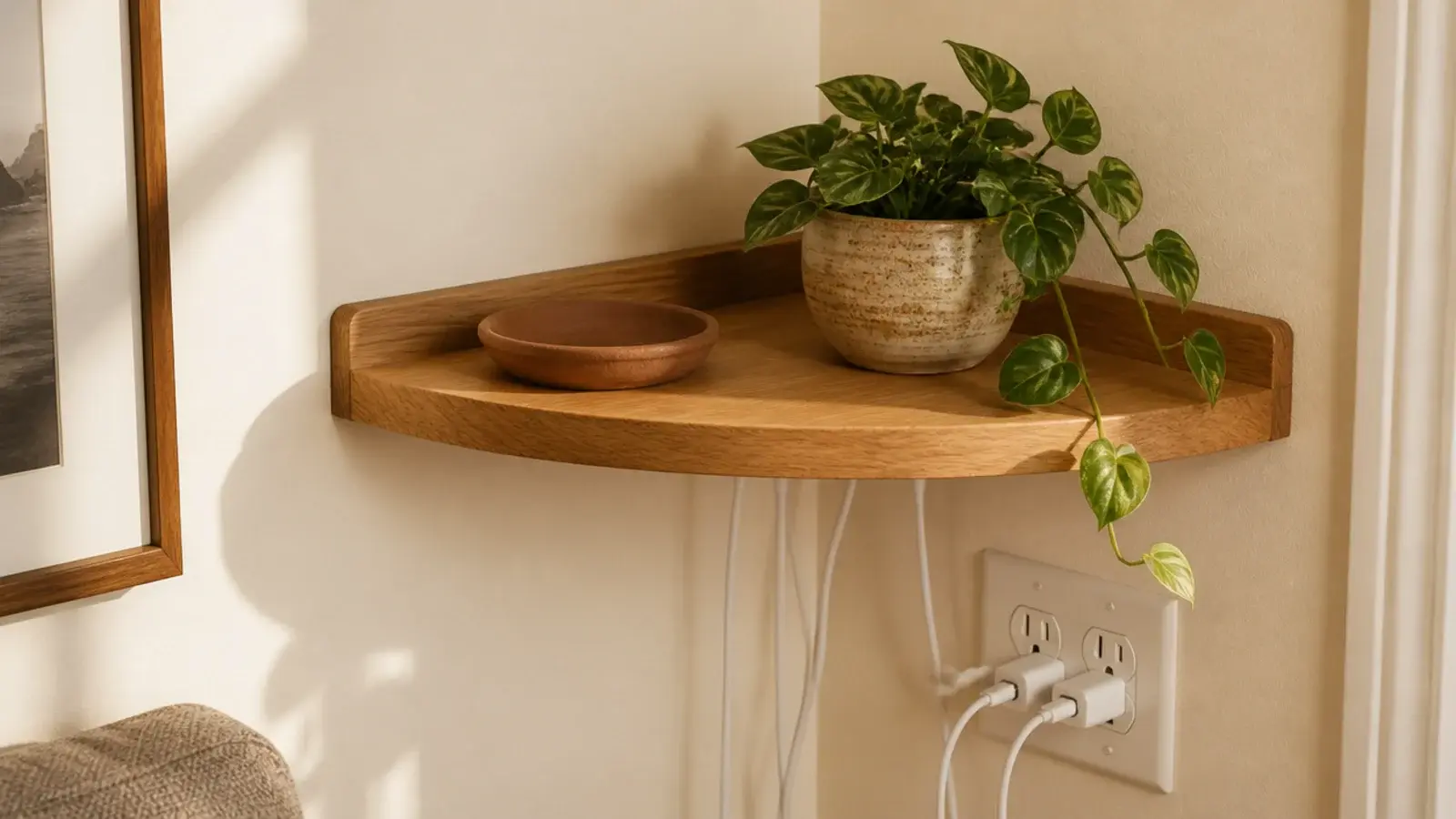 tangle of charging cables hanging from a styled wooden corner shelf