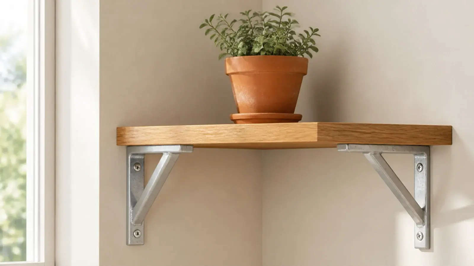 shiny silver brackets standing out against warm wood corner shelves