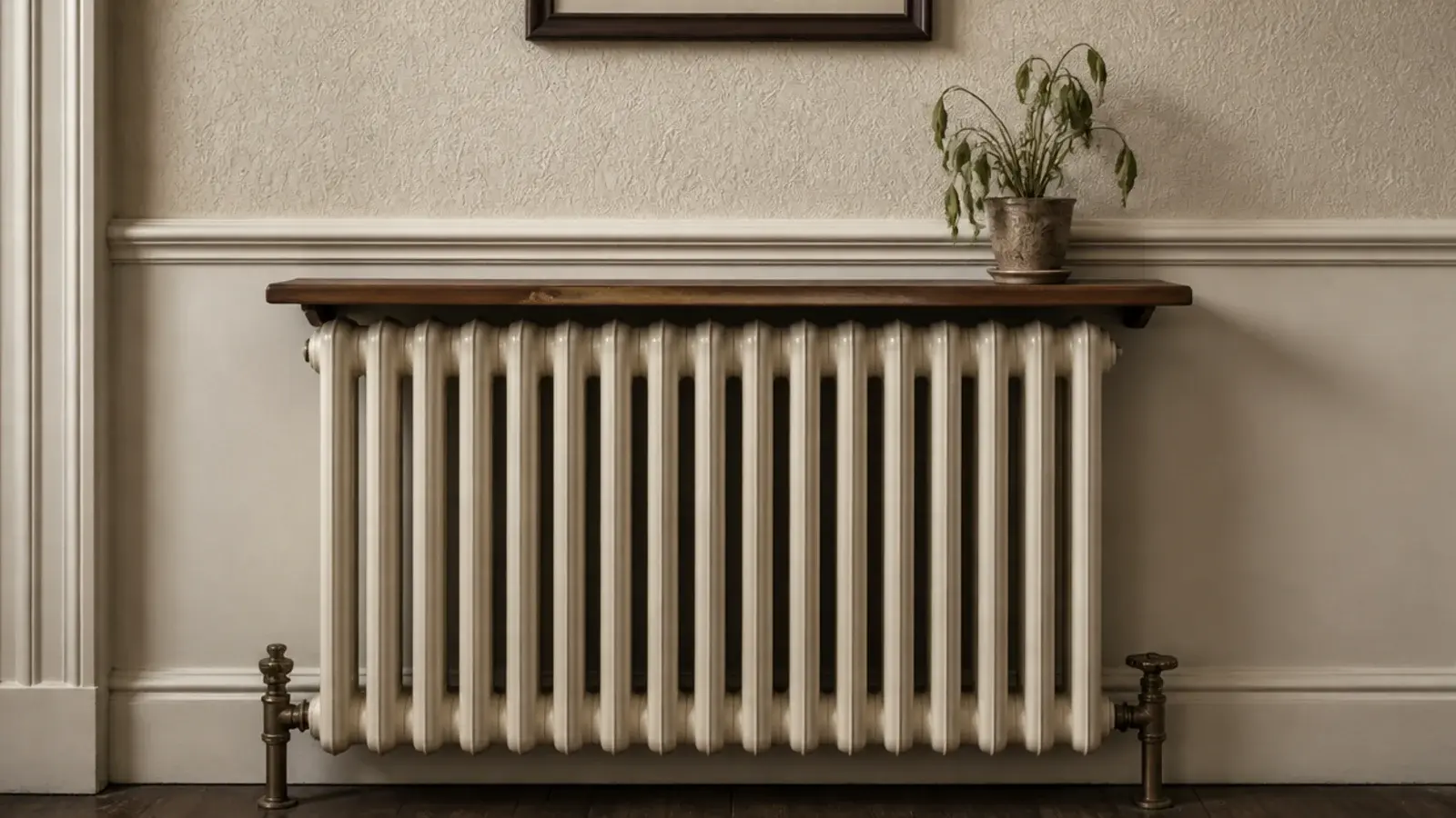 wooden shelf mounted directly above a radiator with lifting laminate edge
