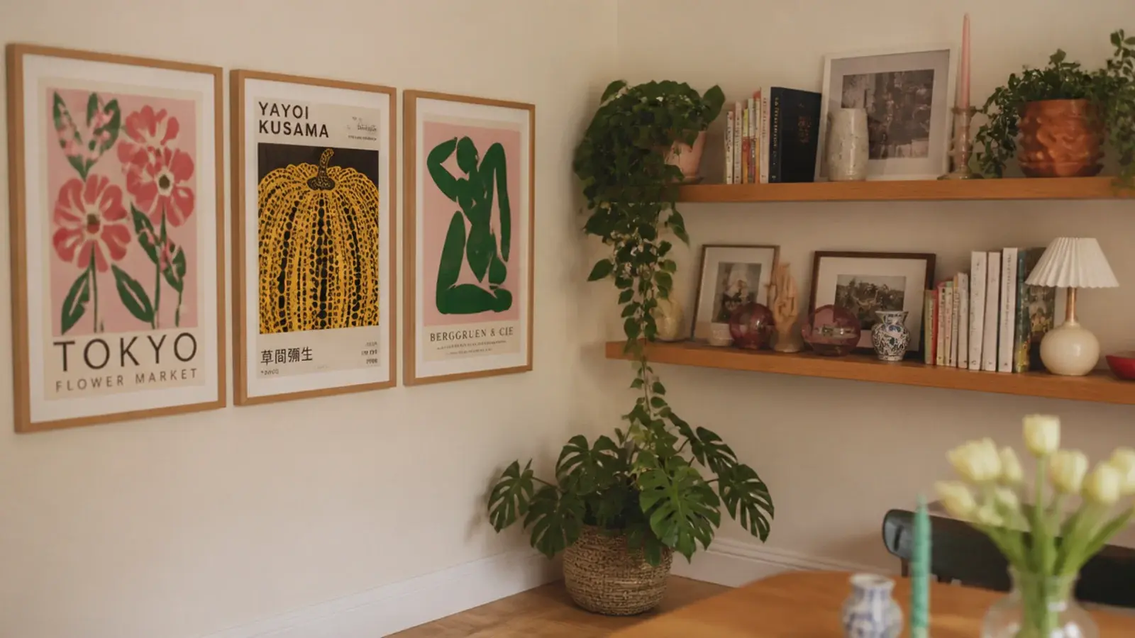 corner wall crowded with both framed art and full shelving competing