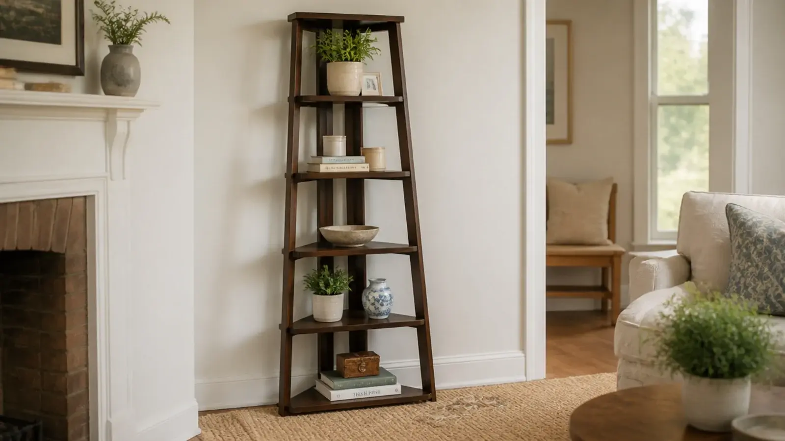 tall freestanding corner shelf unit leaning slightly away from the wall