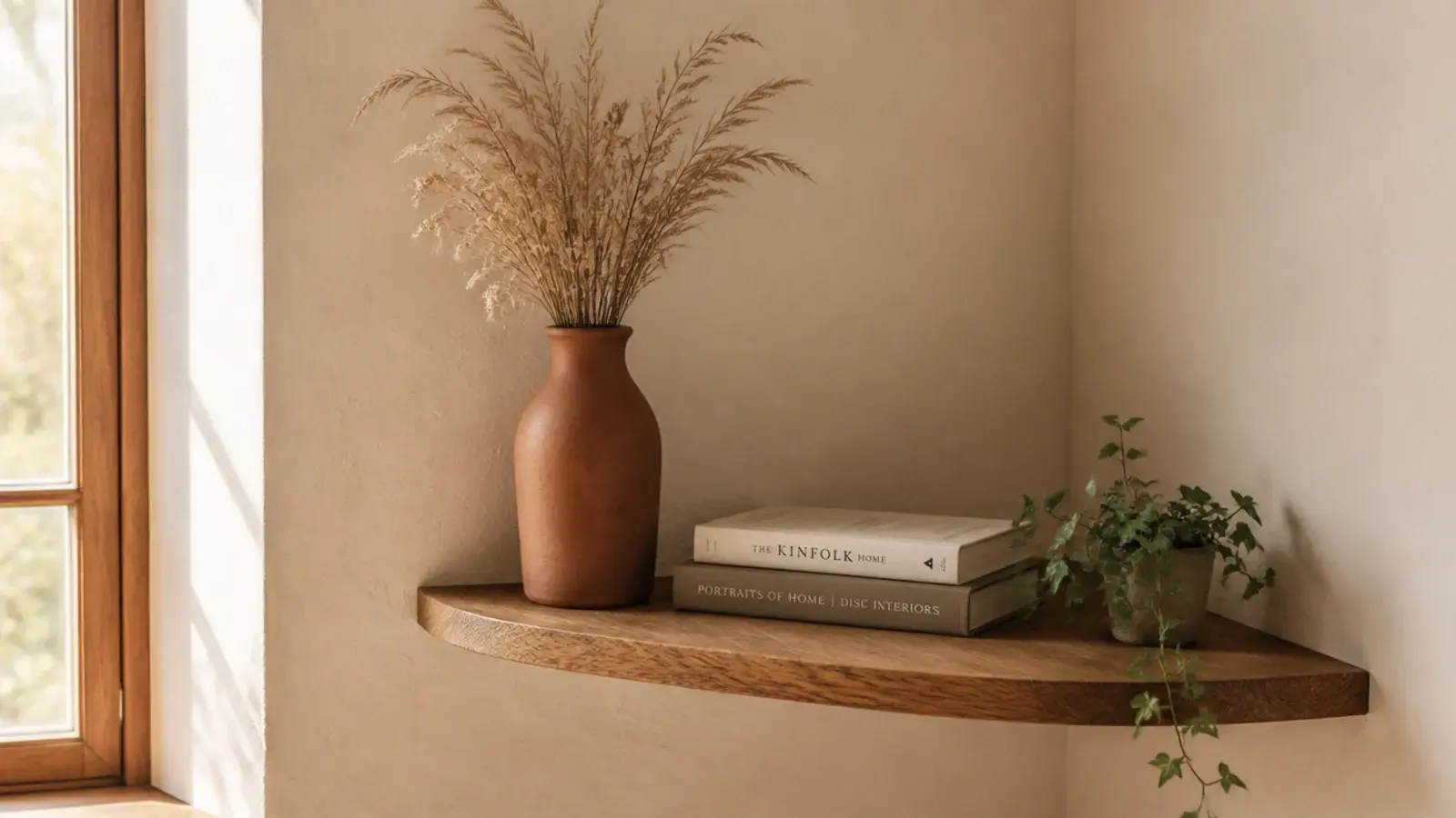 calmly edited corner shelf styled with three objects at varied heights