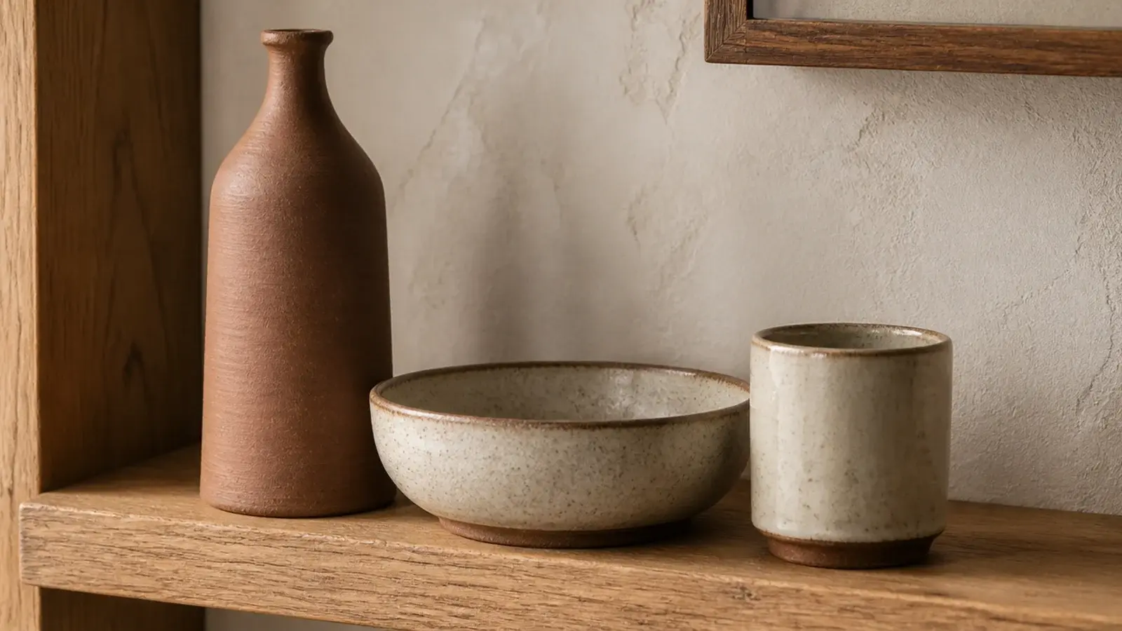 three objects of distinctly different heights grouped on one corner shelf