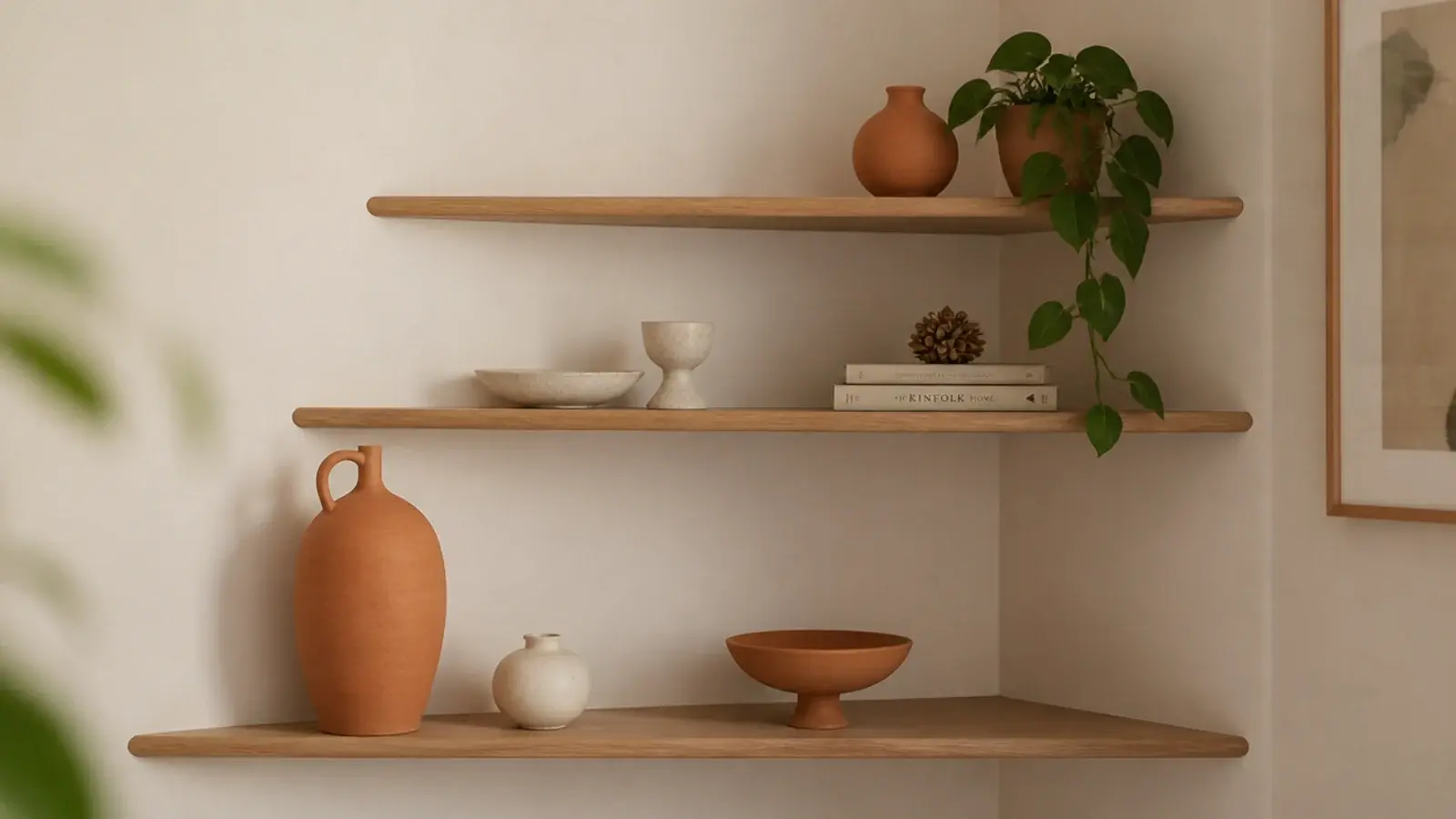 corner shelves where object heights form a triangle across three tiers