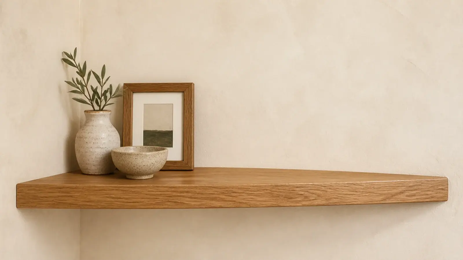 corner shelf with objects grouped tightly and wide clear space beside them