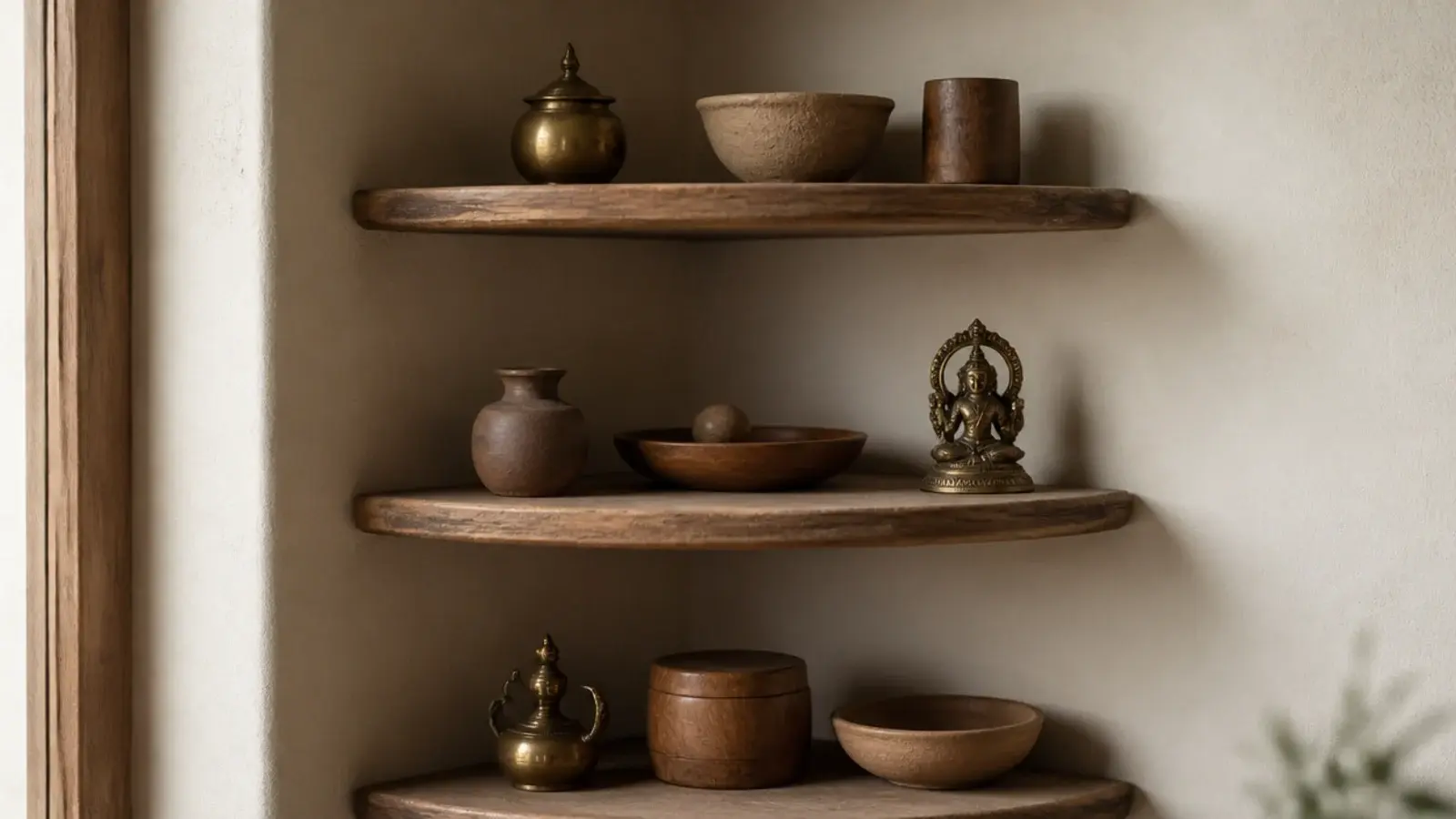 three brass objects repeated at spaced intervals across corner shelves