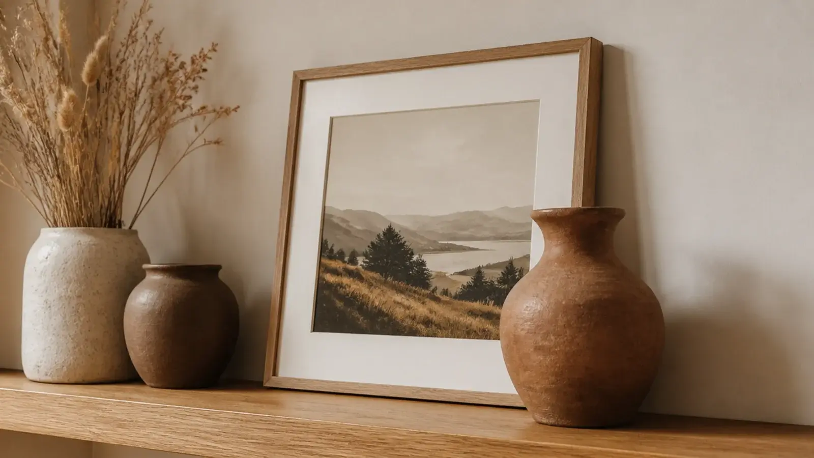 framed print leaning behind two clay vessels creating layered depth