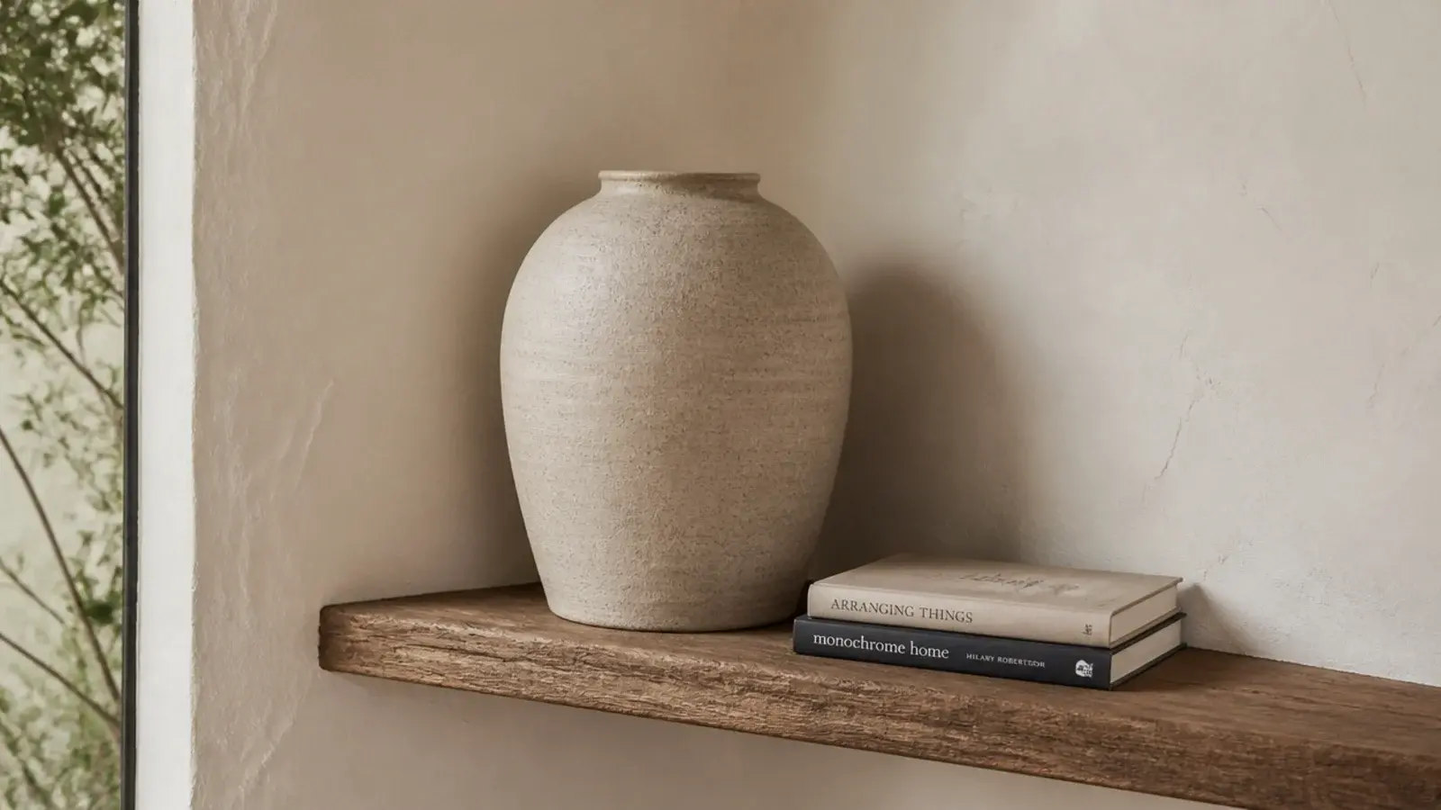single oversized stoneware vessel anchoring a corner shelf display