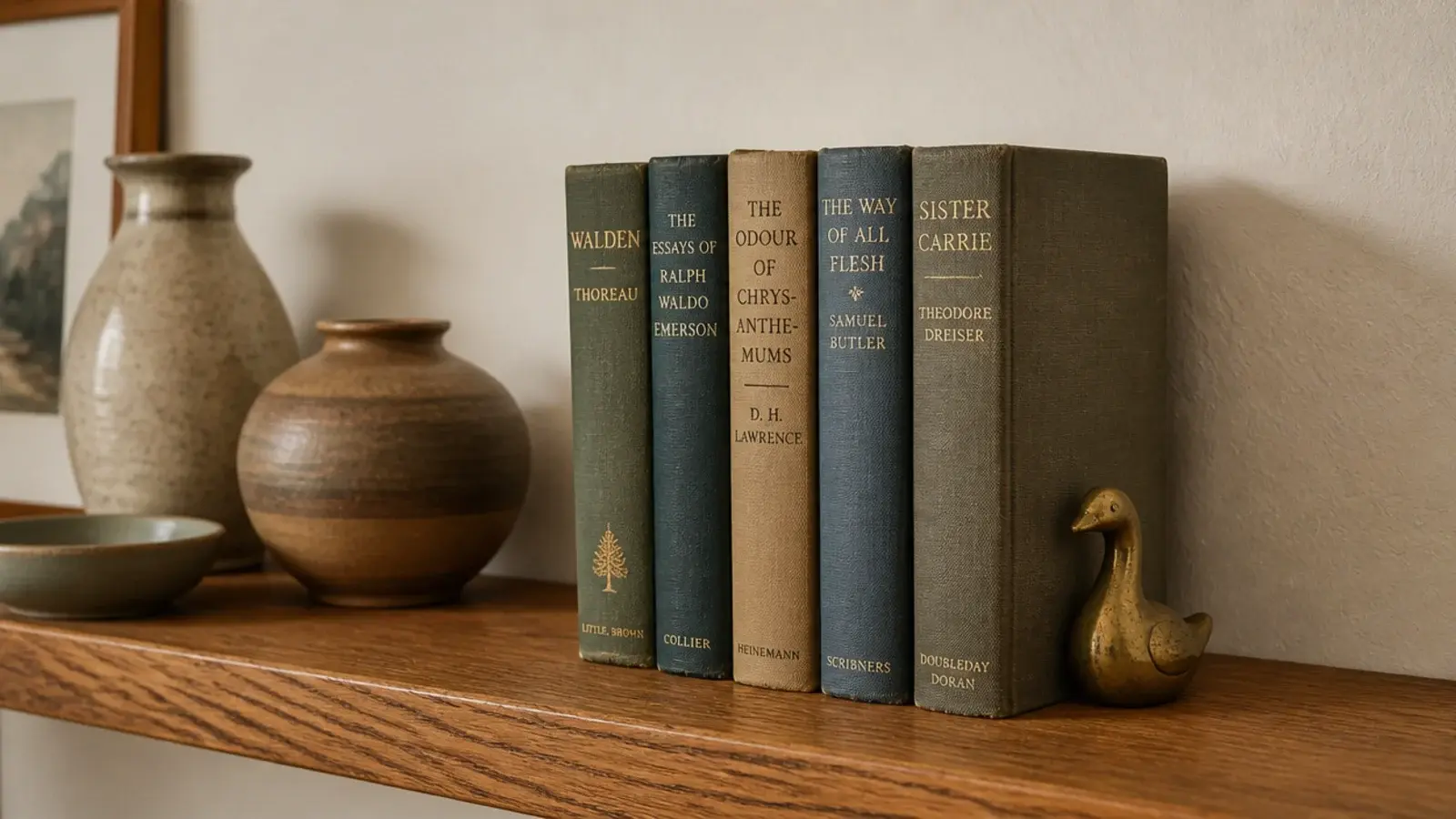 row of upright books ending a corner shelf arrangement neatly