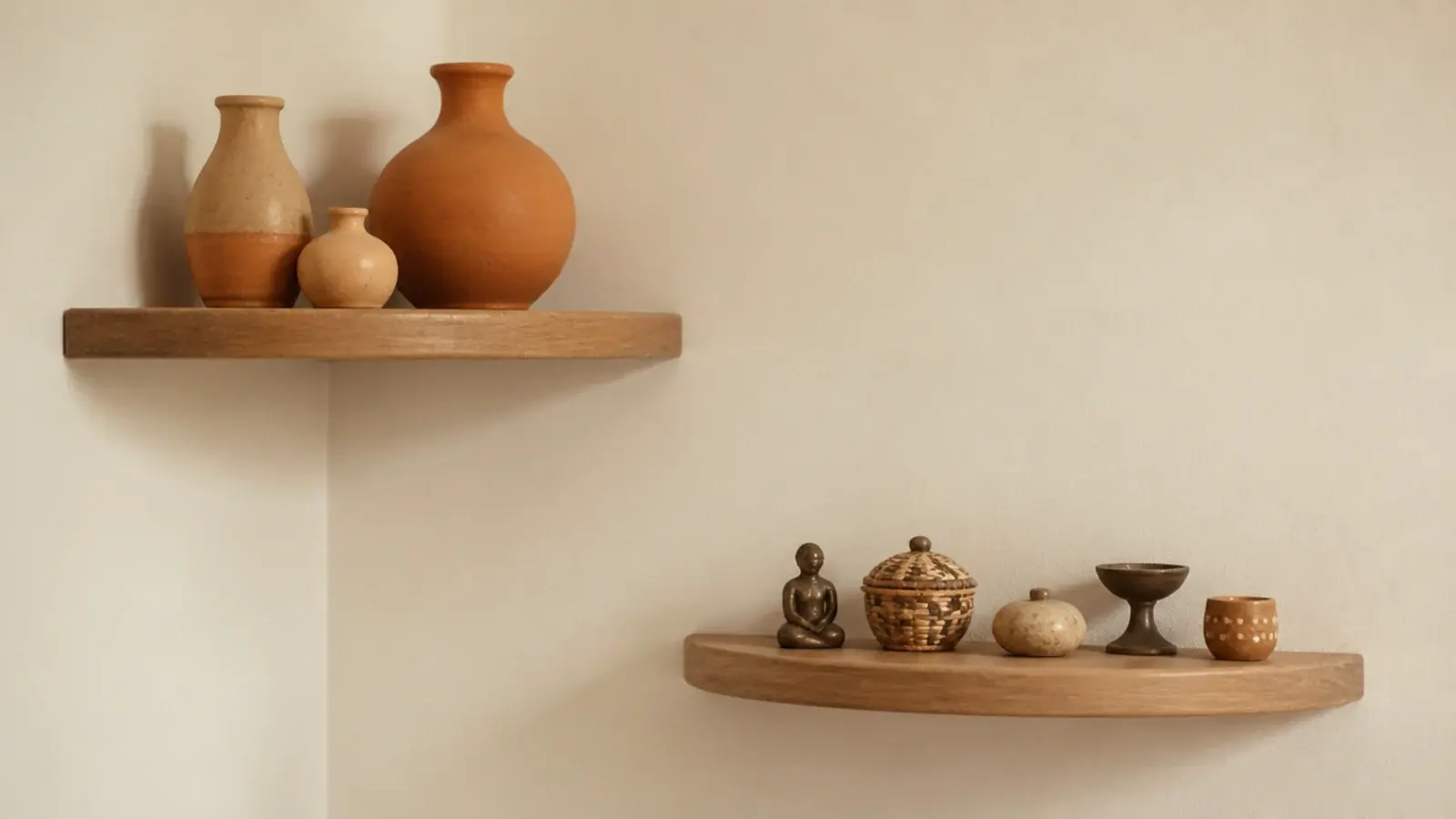 groups of three and five objects arranged across wooden corner shelves