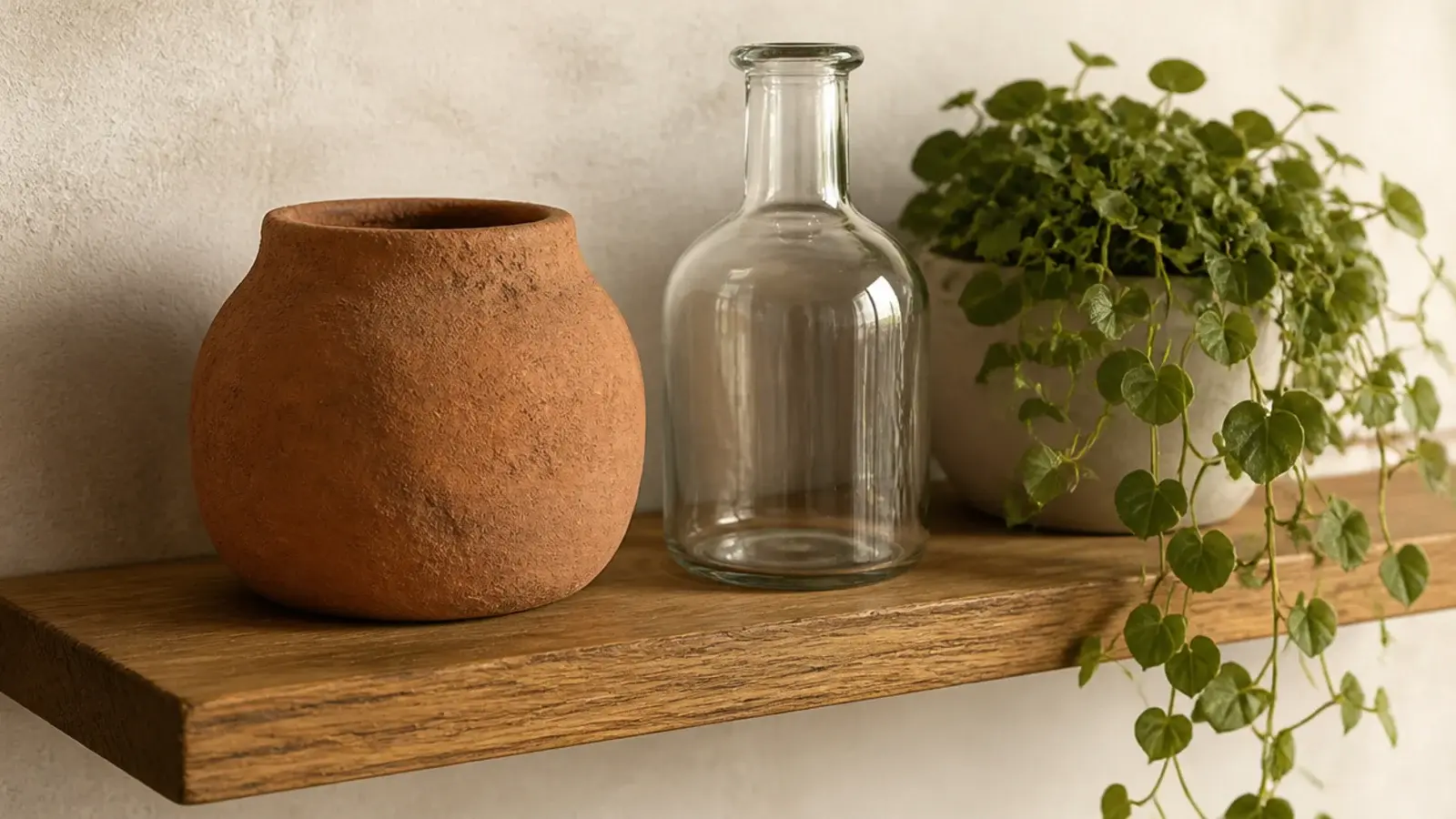 shelf combining rough clay smooth glass and soft trailing greenery