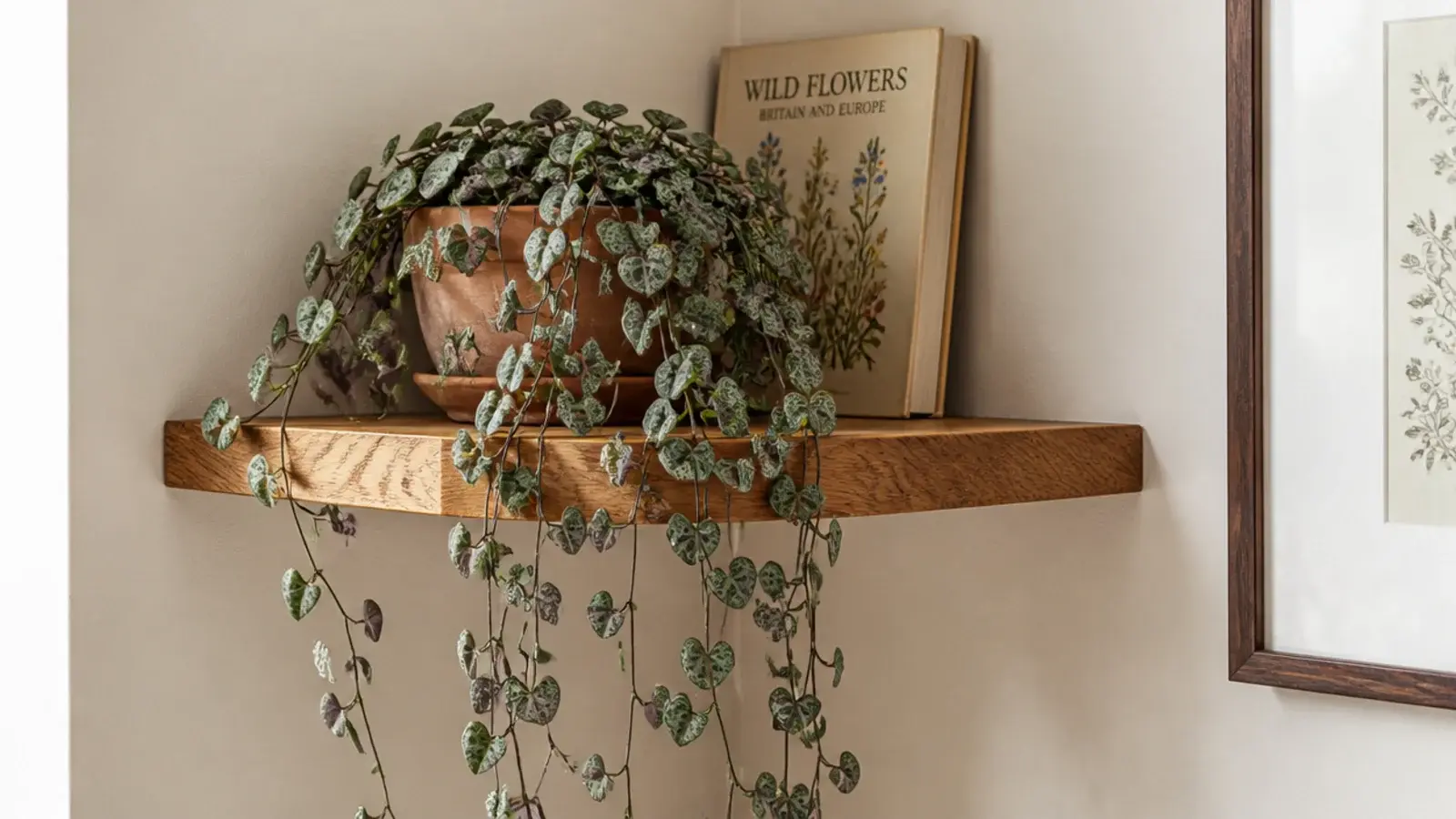 trailing plant spilling over the front edge of a wooden corner shelf
