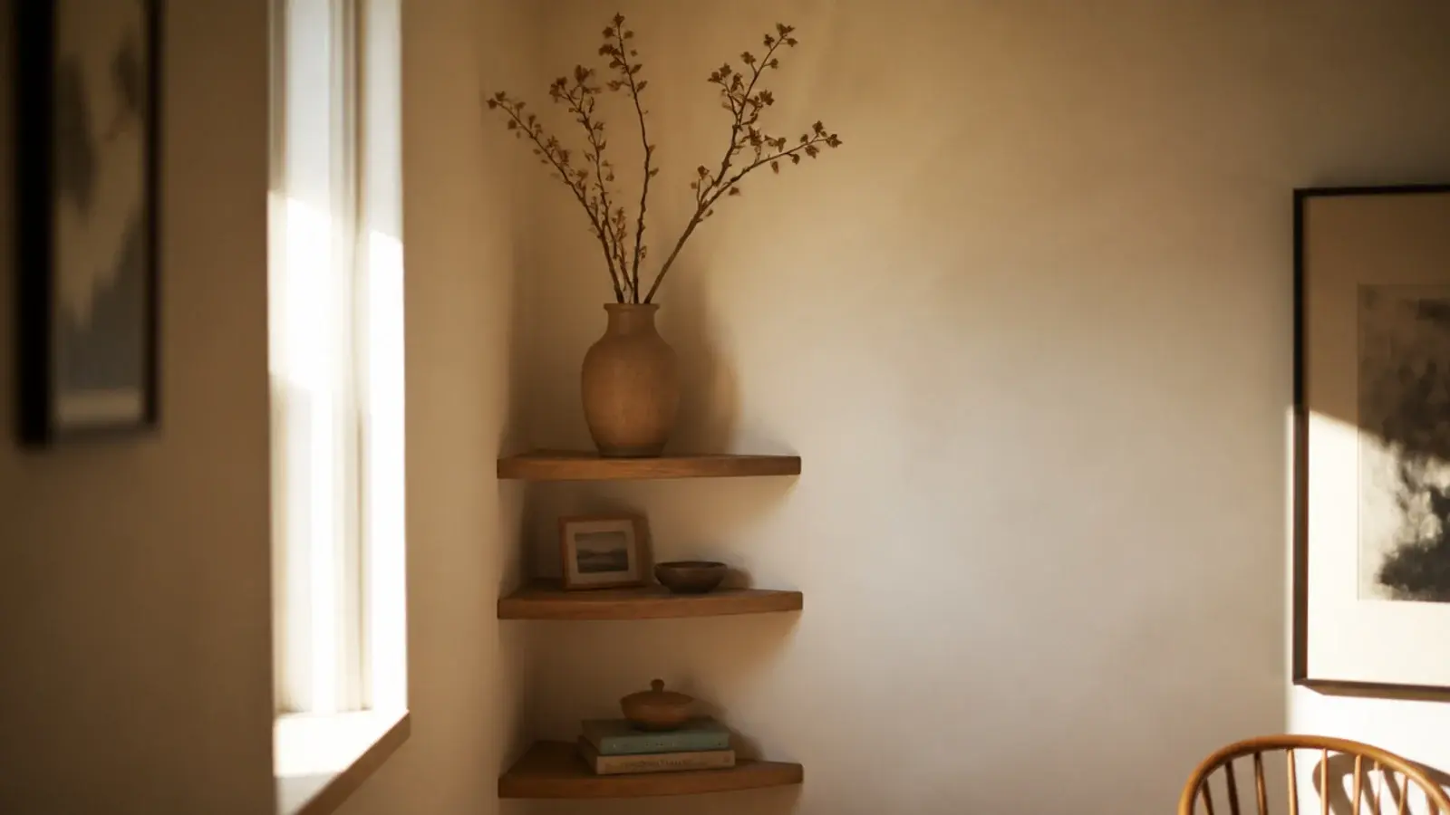 tall dried branch rising above the top shelf line in a corner