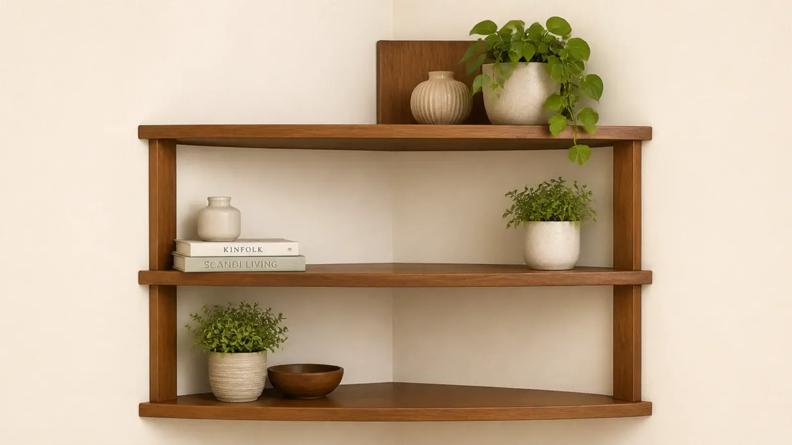 corner shelves where the empty gaps step diagonally down the stack