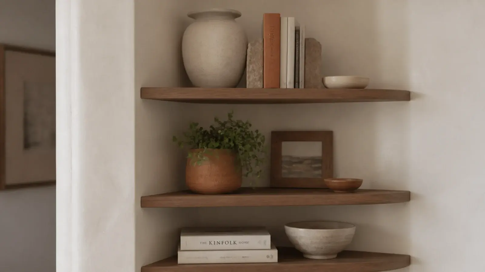 three terracotta accents repeated across neutral styled corner shelves
