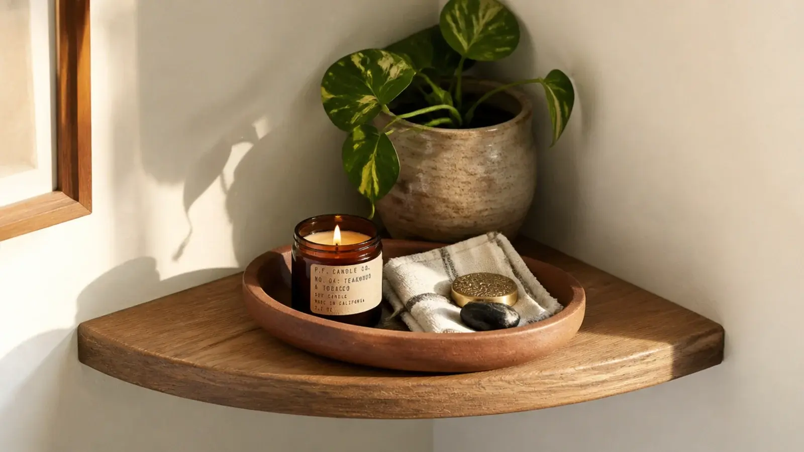 small items gathered onto a round clay tray on a corner shelf