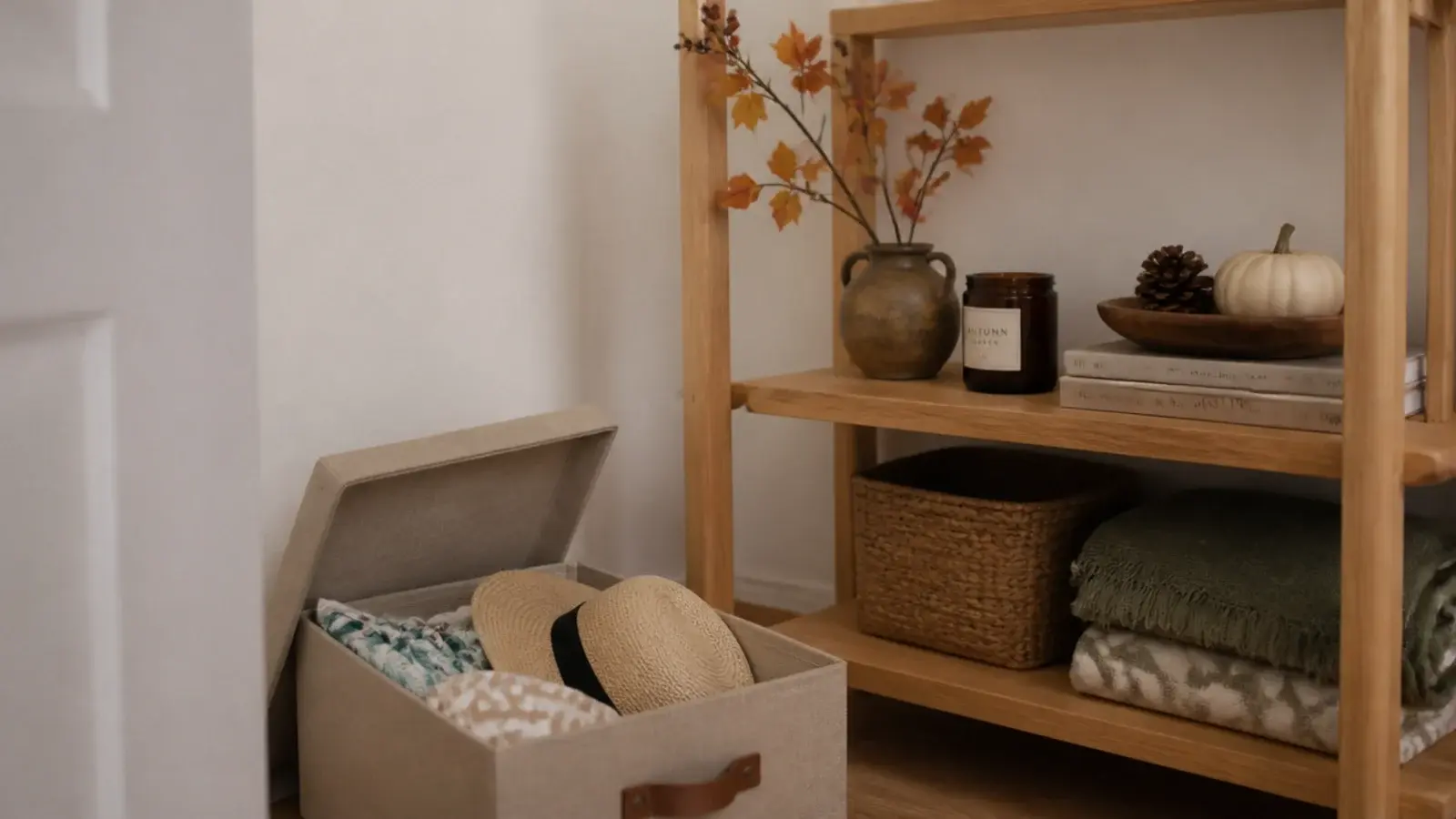 box of stored decor objects beside a freshly restyled corner shelf