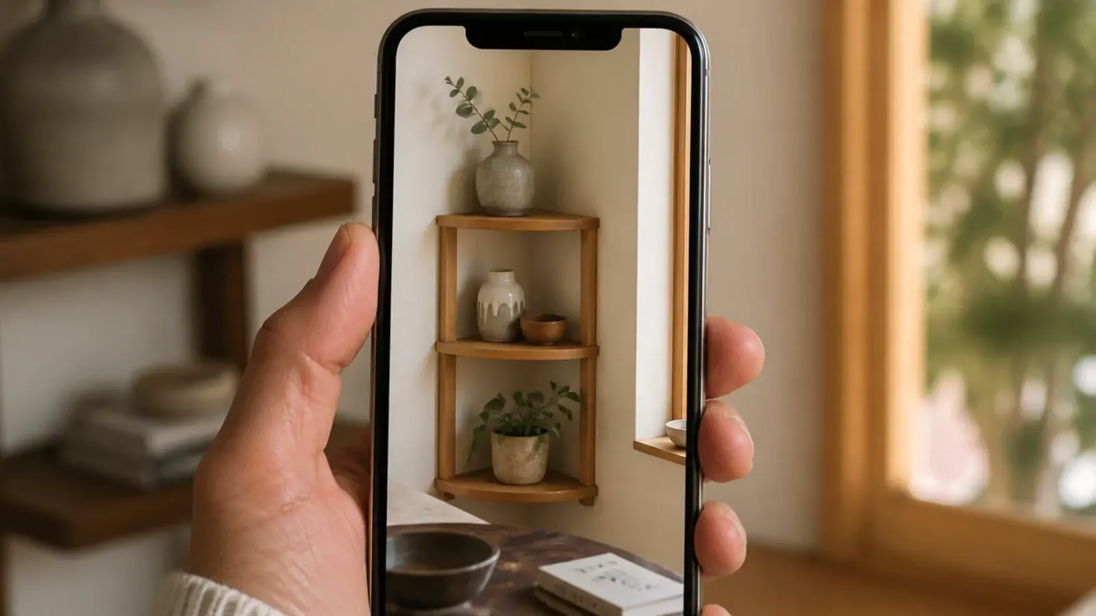phone photographing a styled corner shelf to check the composition