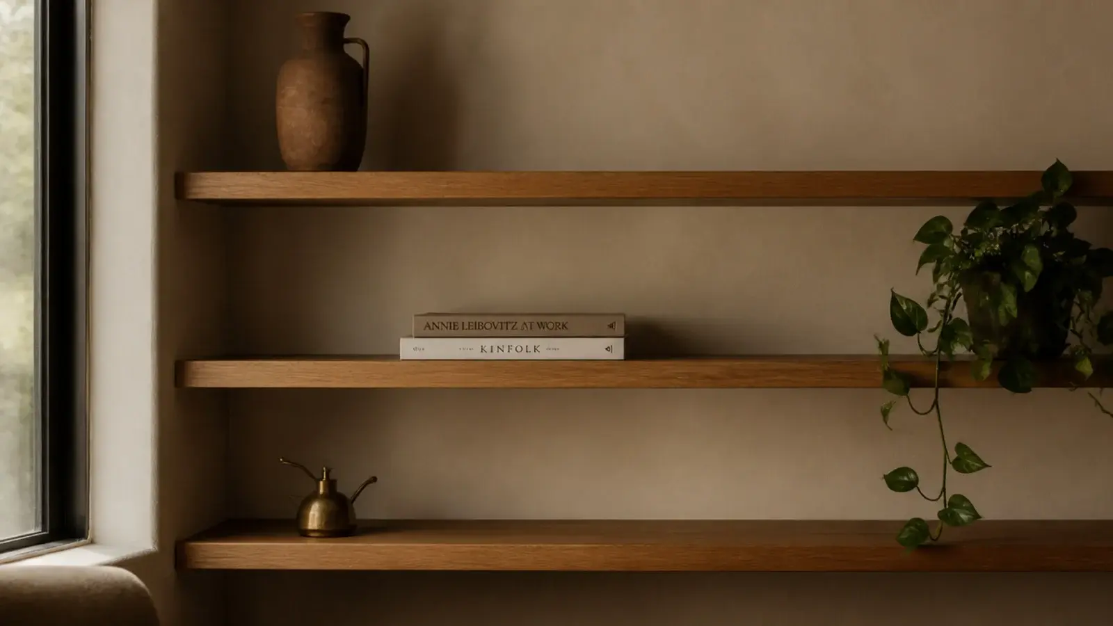 corner shelf styling with objects at varied heights textures and empty space