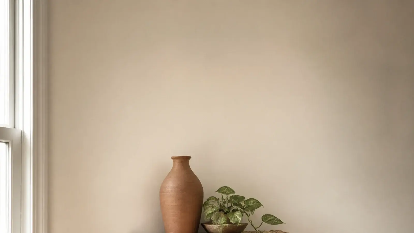 vertical corner shelf styling image with varied heights and negative space
