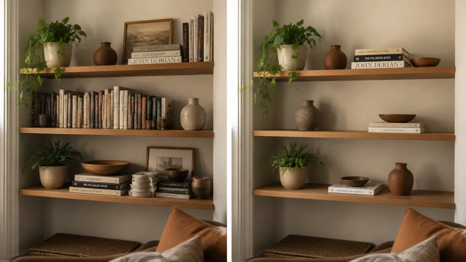 corner shelves before and after showing a cluttered corner restyled calmly