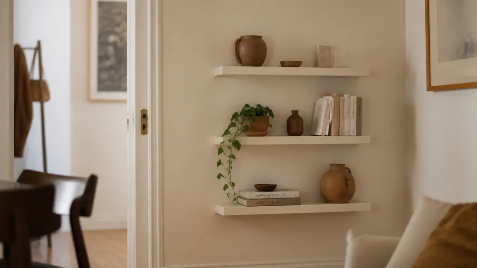 corner shelves for small spaces painted to match the wall holding pottery