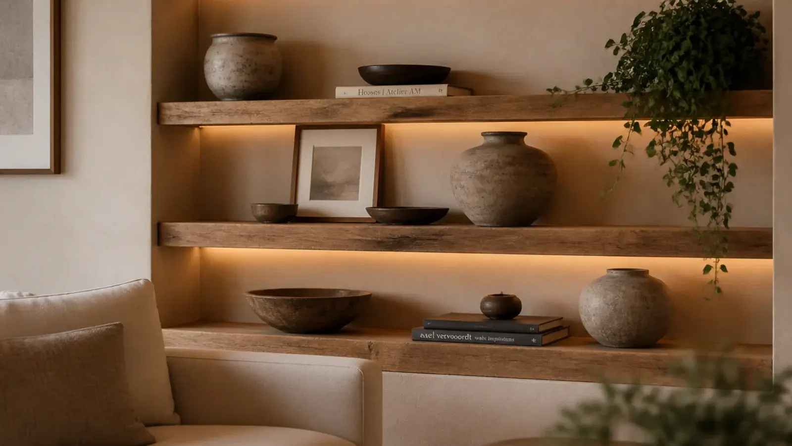 expensive looking corner shelves living room setup with thick oak boards and lighting