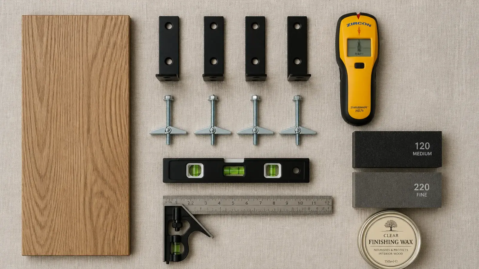 flat lay of tools and materials for building wooden corner shelves on linen