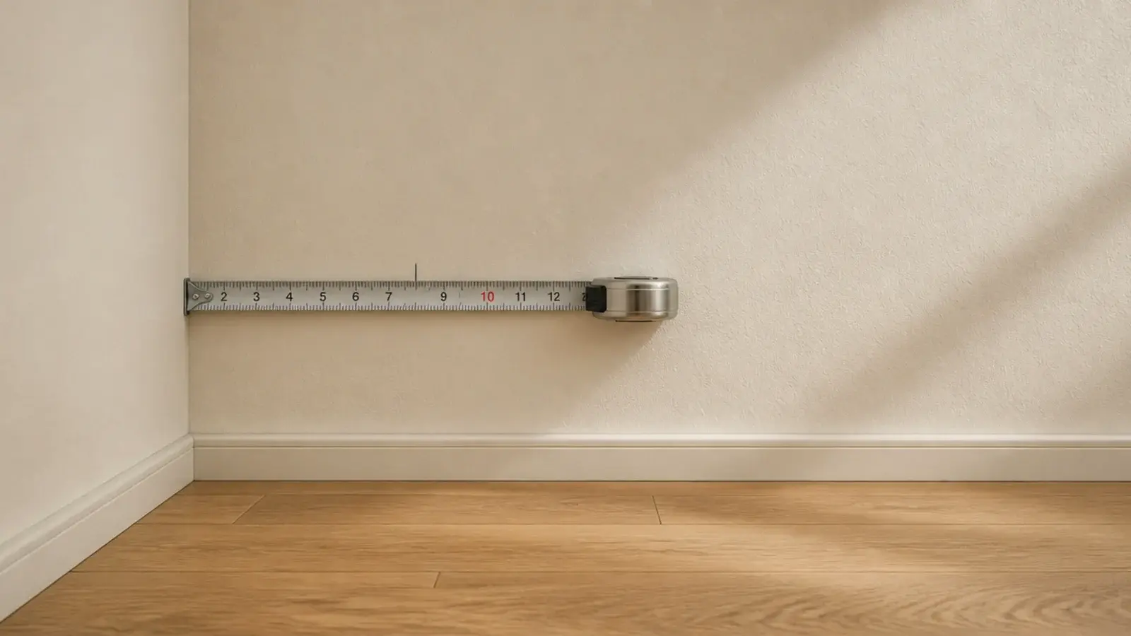 tape measure held across an interior corner to size diy corner shelves