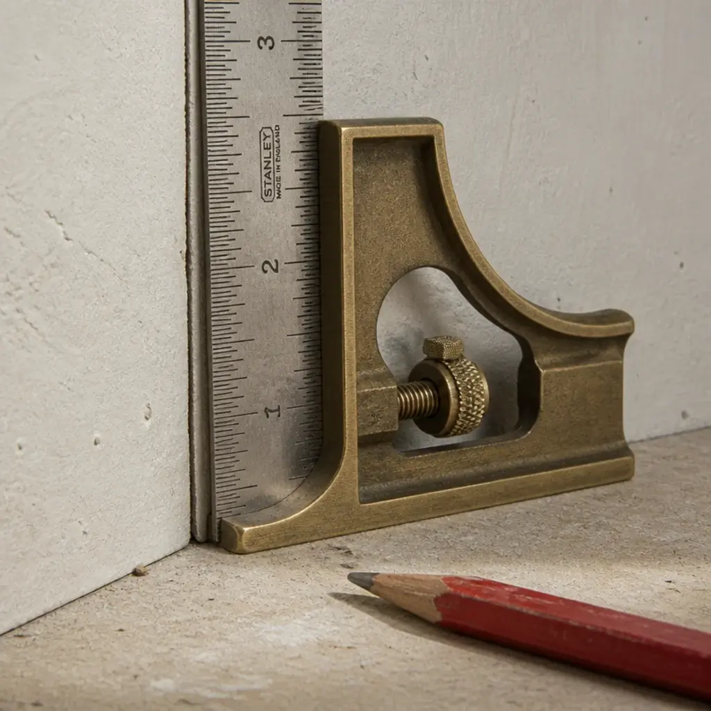 combination square pressed into a wall corner checking it is ninety degrees
