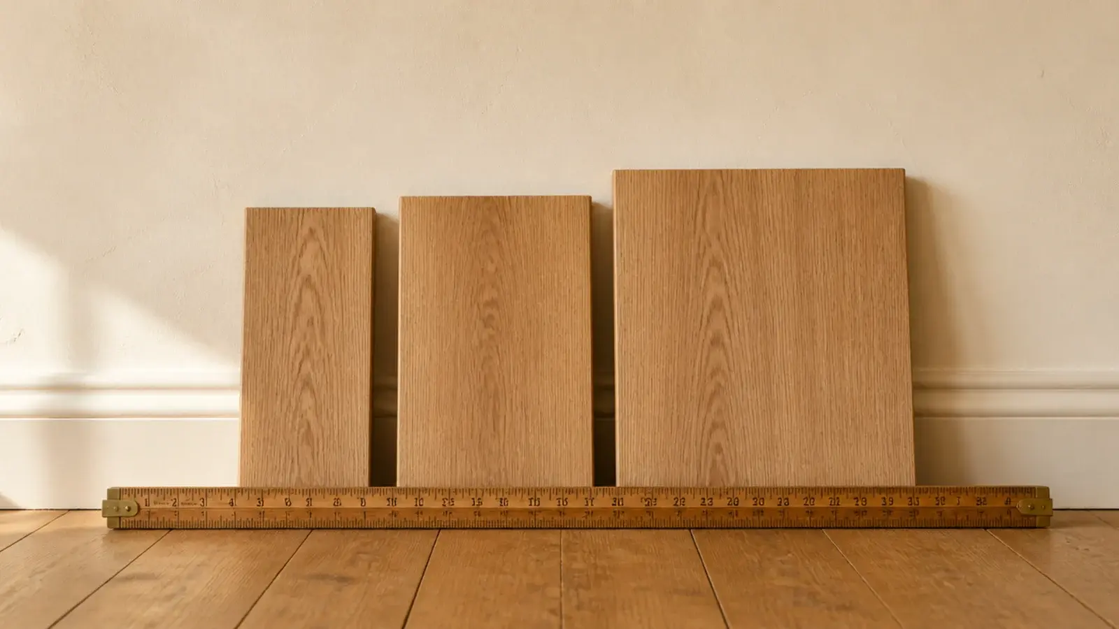 three oak board samples of different depths laid against a cream wall