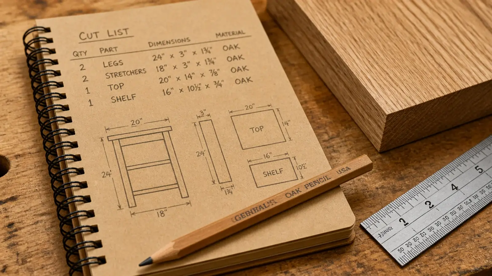 handwritten cut list on kraft paper beside an oak board and pencil