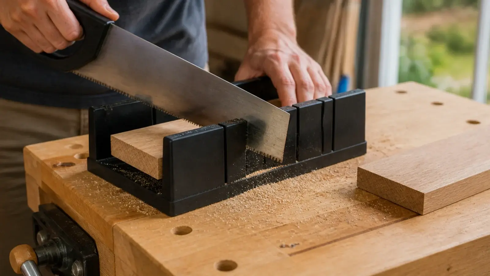 oak board clamped in a miter box being cut by hand for corner shelves