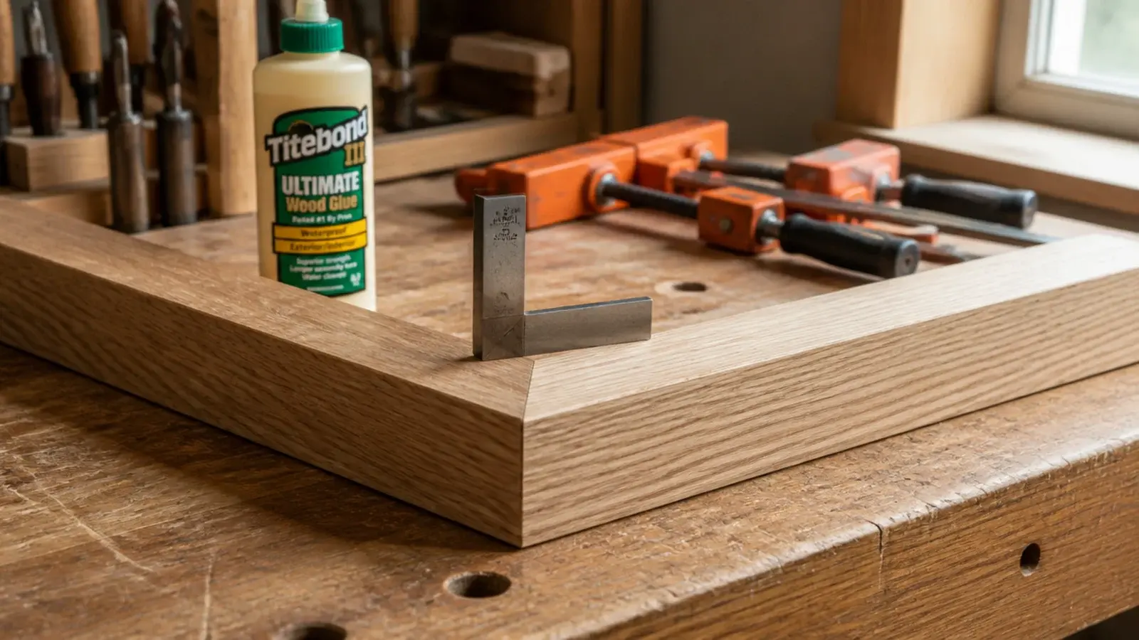 two oak boards meeting at a mitered forty five degree corner joint