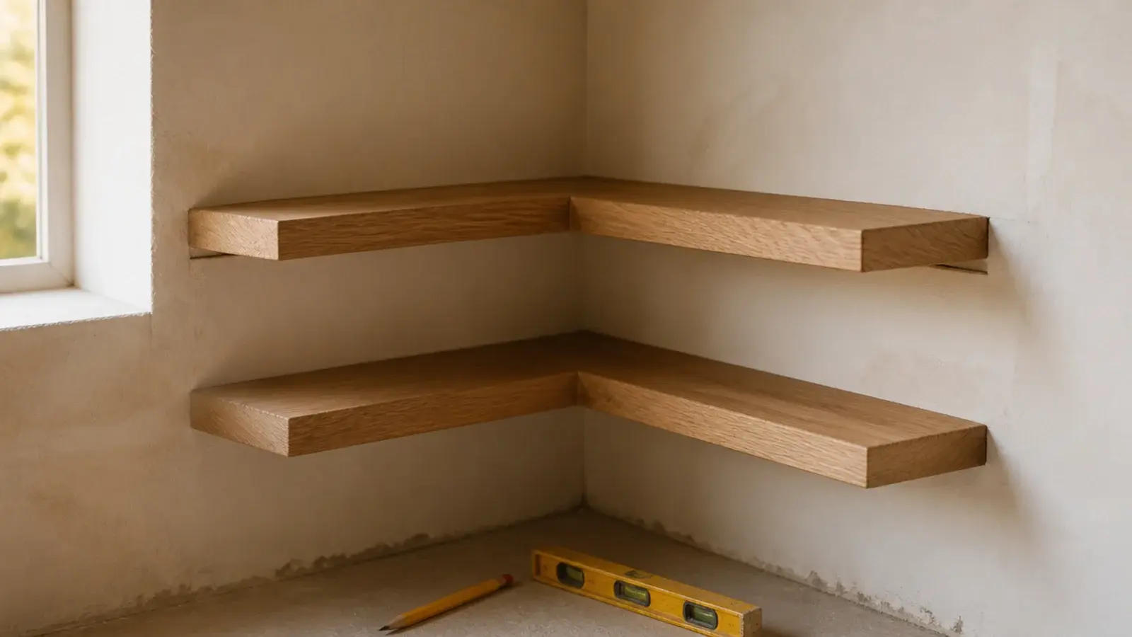 two cut oak boards held up dry fitted into the real wall corner