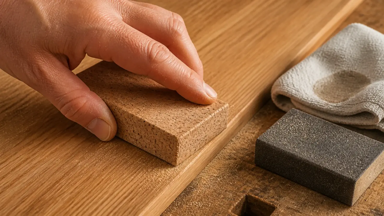 sanding block moving along the grain of an oak corner shelf board
