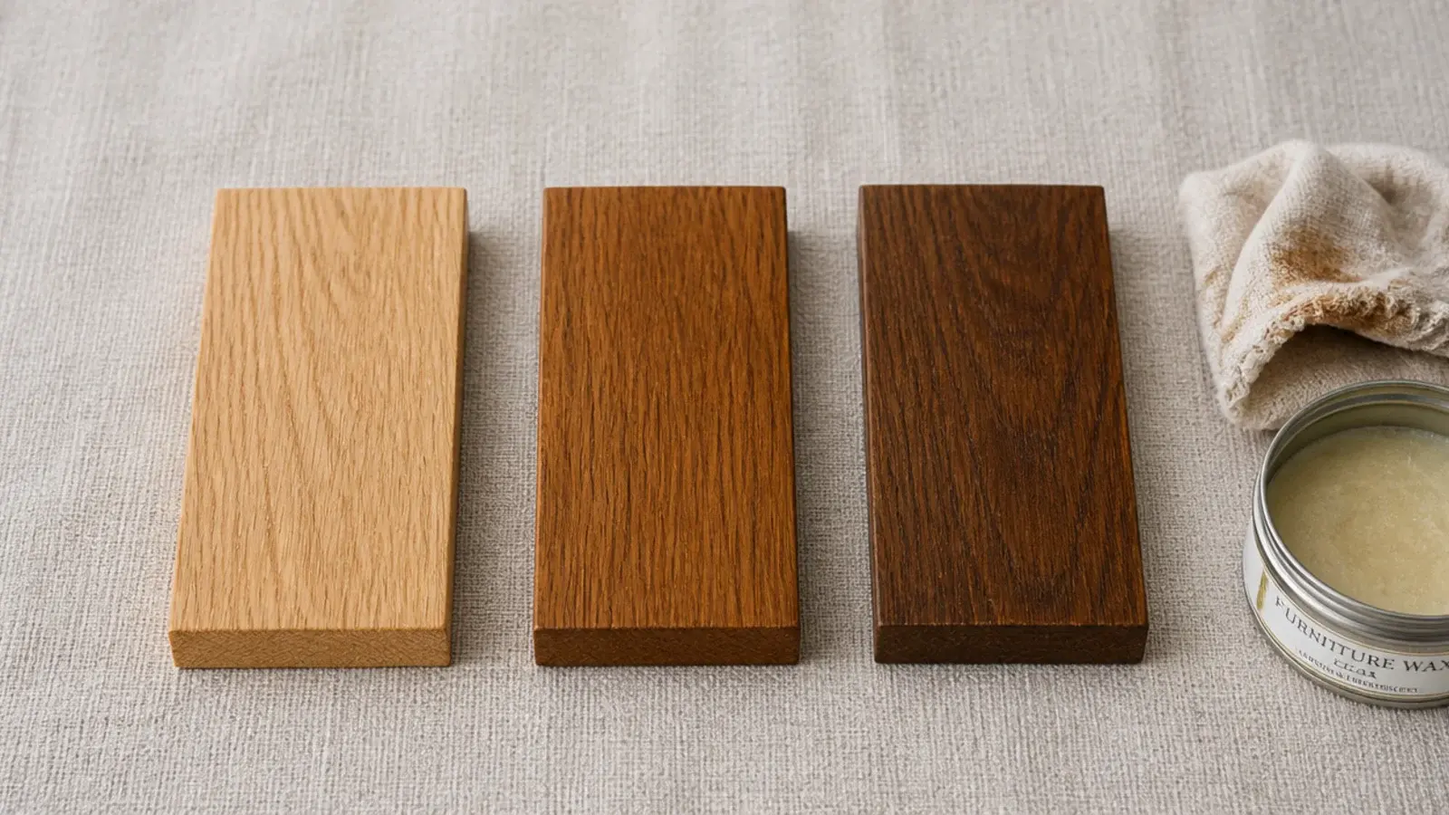 three oak offcuts showing different stain finishes drying on linen