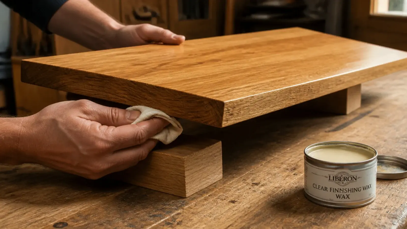 clear wax being rubbed into the underside of an oak corner shelf