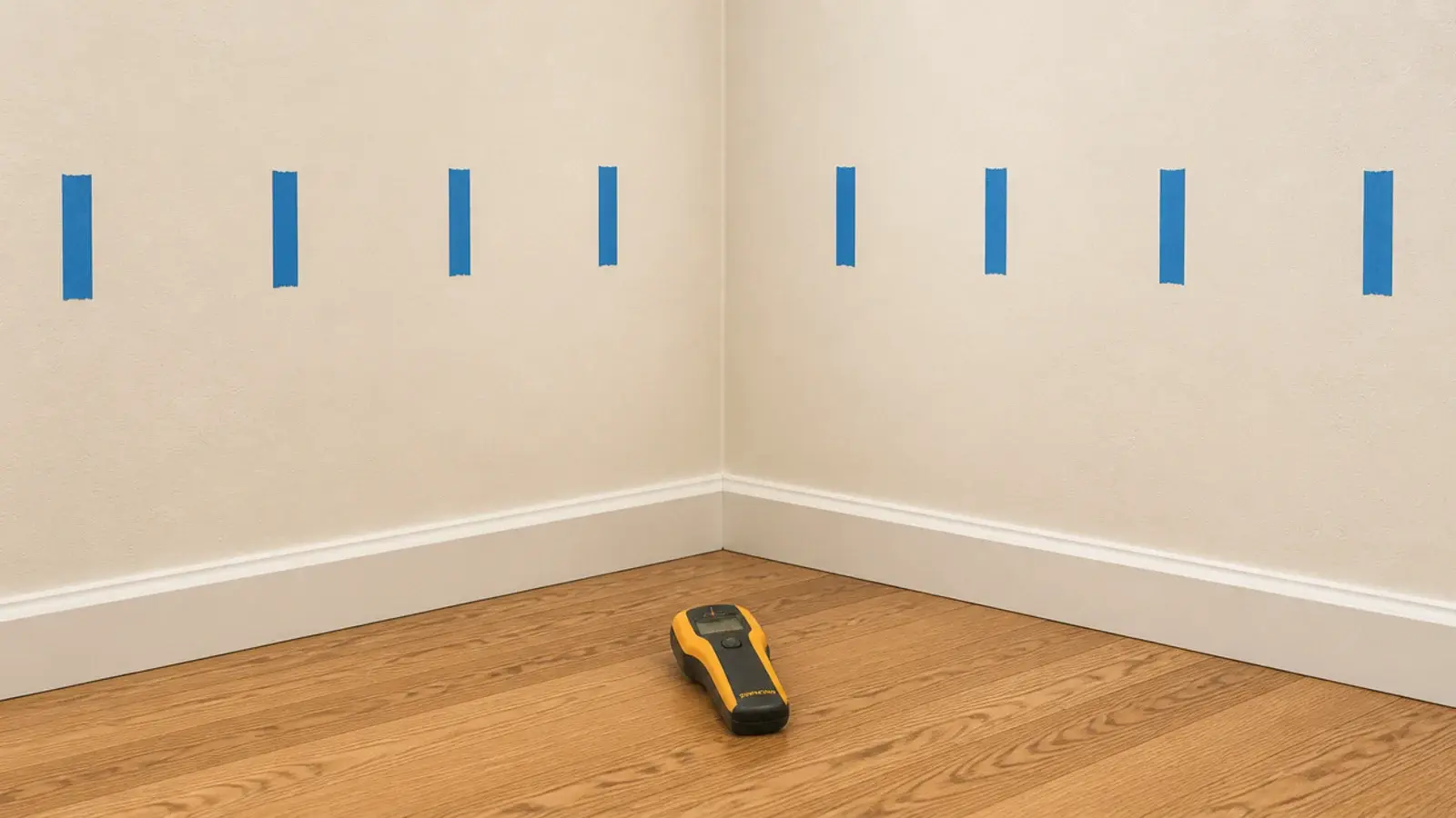 painters tape marks showing stud positions either side of a wall corner