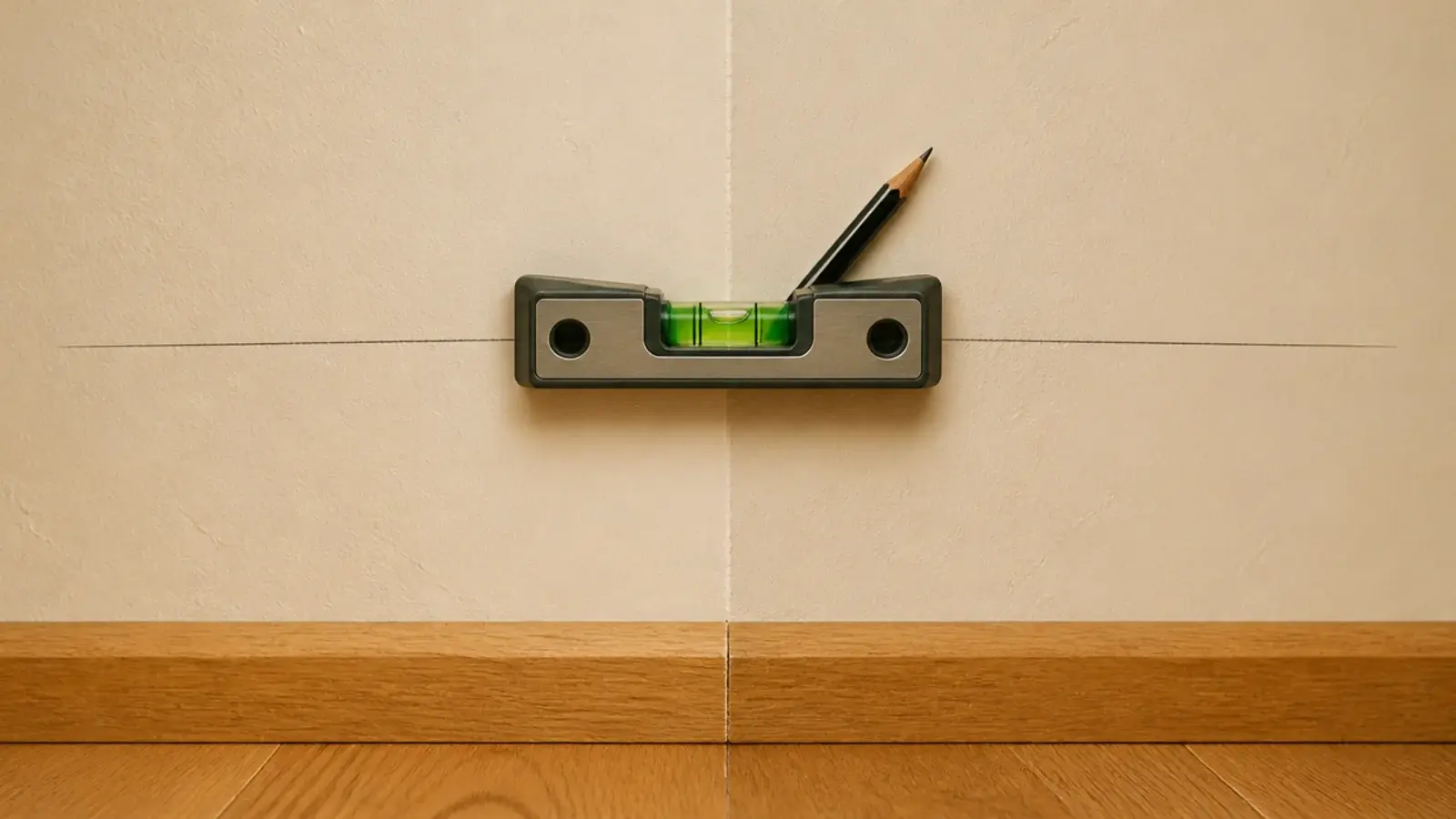 spirit level and pencil line marking corner shelf height on a wall