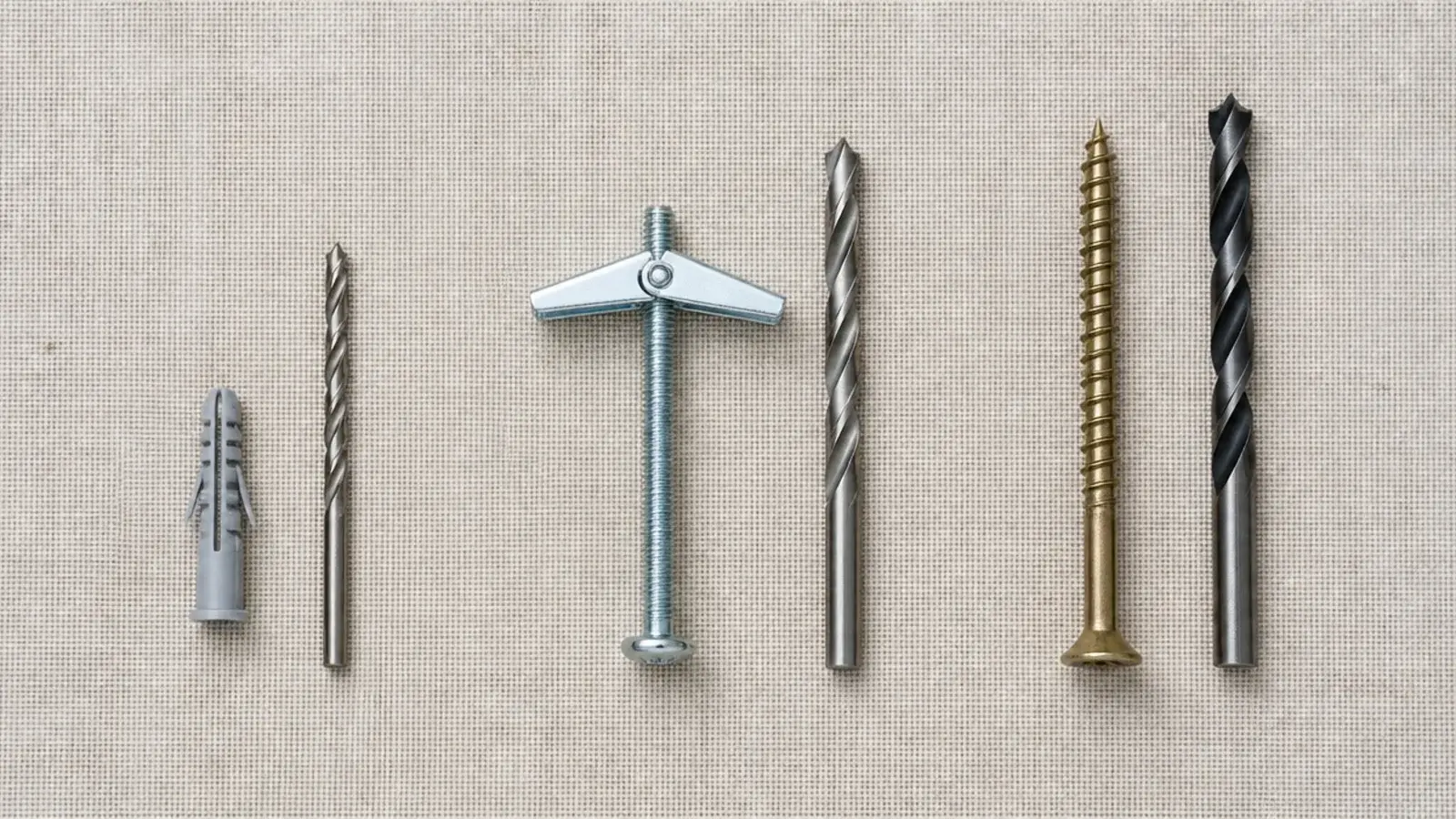 toggle bolts and plastic wall plugs compared side by side on linen