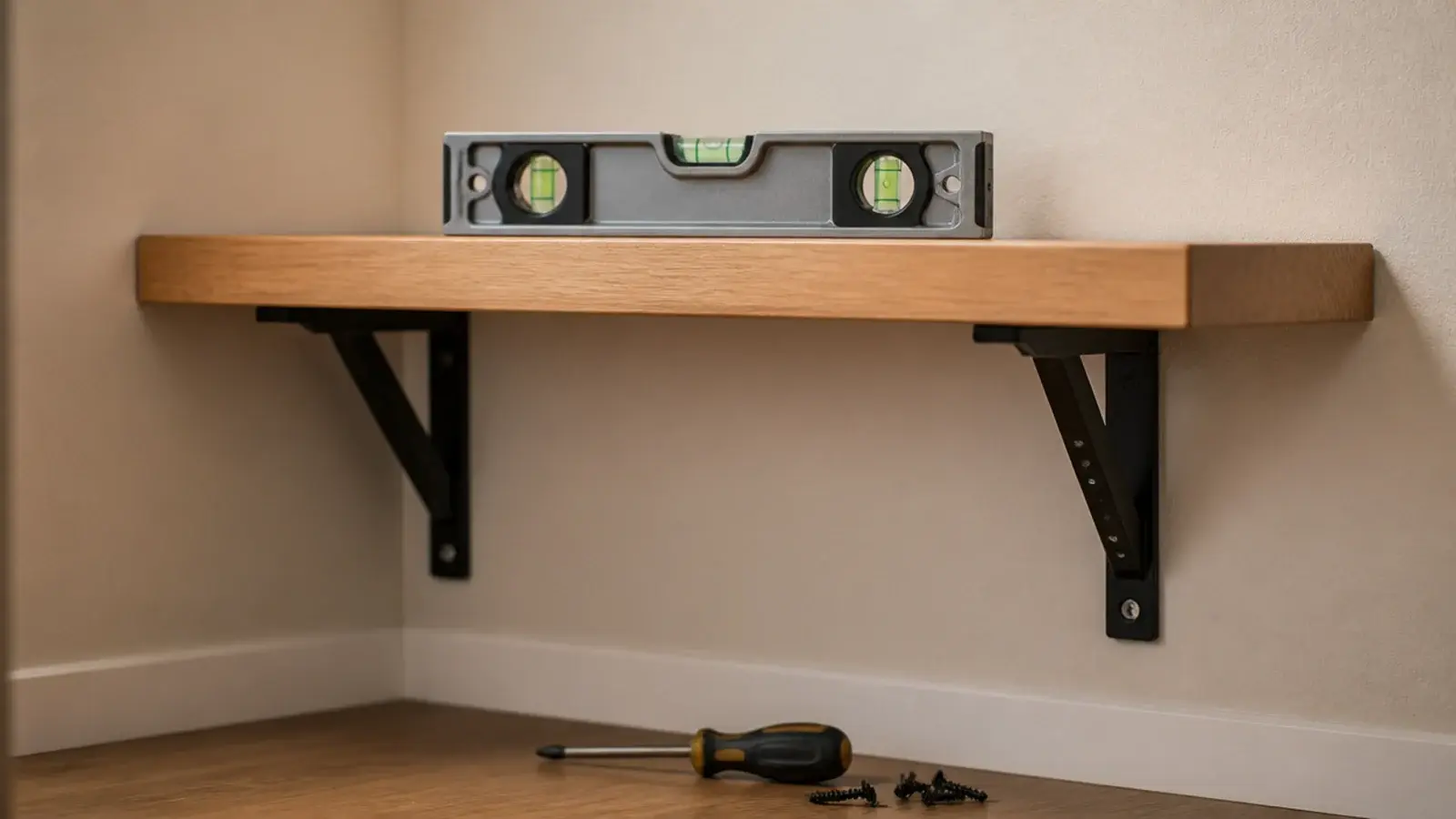 oak shelf board resting on brackets with a level checking it sits flat