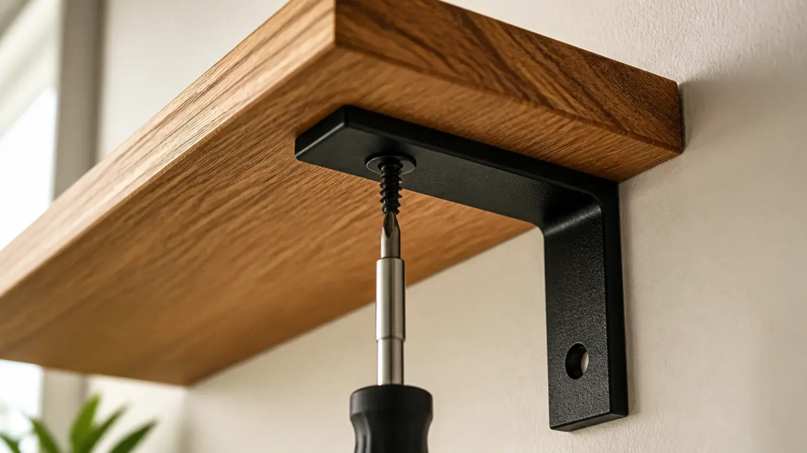 short screw being driven up through a bracket into an oak shelf